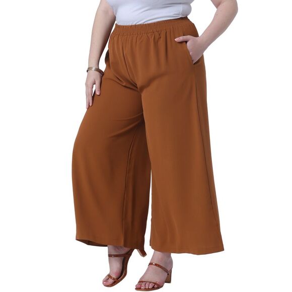 Plus Size Palazzo Pants Wide Leg with Pockets Casual Summer Pants Brown - Picture 2 of 5